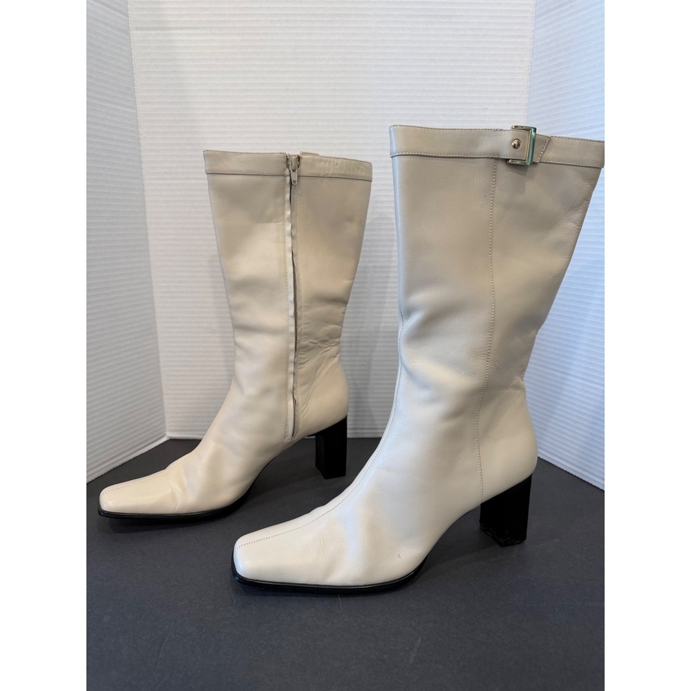 Karen Scott Retro Cream All Leather Mid-Calf Square Toe Block Heel Zip Boots 10 - Picture 2 of 13